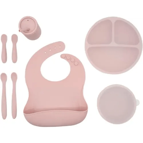 WeeSprout Baby Led Weaning Bundle, Silicone Suction Bowl, Spoons, Bib & Cup, Develops Self Feeding Skills, Dishwasher Safe (Pink)