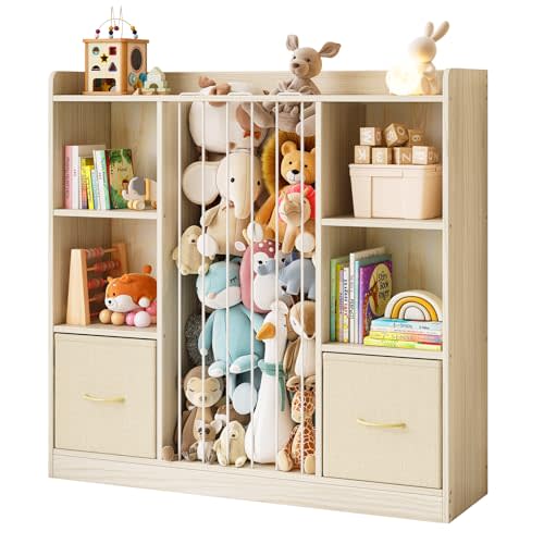 Toy Storage Organizer with Stuffed Animal Storage, Wooden Toy Organizer & Stuffed Animal Zoo, 6 Cubes Shelf with Removable Drawers, 4 -in-1 Book Shelf for Kids Room, Playroom, Nursery