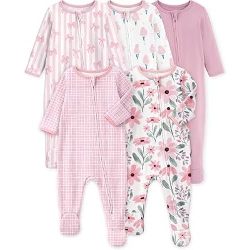 Yoofoss Baby Sleepers 5 Pack 100% Organic Cotton, Girl Boys Newborn Pajamas | Convenient 2-way Zipper Pjs for Baby Clothes, Infant Footie Pajamas for 0-3 3-6 6-9 Months Soft Sleep Newborn Essentials