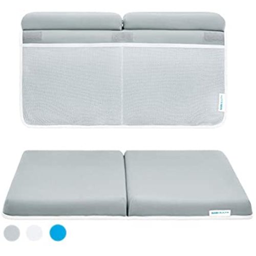 Bath Kneeler and Elbow Rest Pad, 1.75 inch Extra Thick Baby Bath Kneeling Pad and Elbow Pad for Bathtub. Bath Tub Elbow Pad with Infant Toy and Baby Accessories Organizer, Grey - Gray