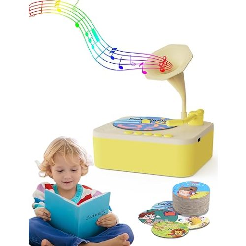 Kids Phonograph with 96 Colorful Cards Learning Sensory Toy Ideal Entertainment for Boys and Girls Aged 3-6 Kids Phonograph Record Player (Yellow)