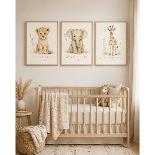 Neutral Safari Nursery Wall Art Set of 3, Baby Animal Printable, Lion Elephant Giraffe Baby Room Decor