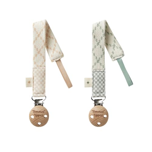 Tommee Tippee Pacifier Clip, Compatible with Any Pacifier, 0+ Months, Organic Cotton, Loop-On Design, Natural Beech Wood and Stainless Steel Paci Clip, Cream and Green, Pack of 2