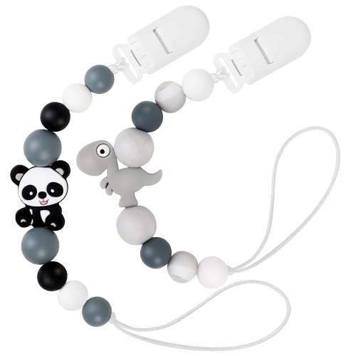 Pacifier Clip Holder, Silicone Teether Clip Toy, Baby Pacifier Soothie with Clip for Baby - 2 Pack, Black Grey