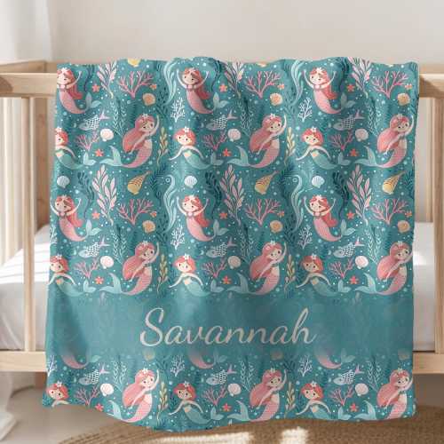 Personalized Mermaid Baby Blanket, Custom Name Velveteen Blanket for Girls, Ocean Theme Nursery, Baby Shower Gift, Custom Toddler Blanket