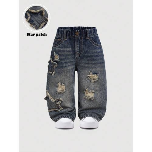 SHEIN Baby Boy Casual Cute Vintage Star Design Fringed Ripped Loose Fit Blue Jeans,For Fall/Winter Outdoor Wear And Daily Wear