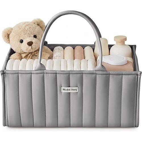 Blissful Diary Baby Diaper Caddy Organizer, Stylish Storage Basket for Newborn Essentials and Diaper Station, Gift for Baby Shower and Registry Must-Have, Light Gray