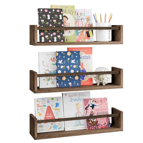Fixwal Nursery Book Shelves, 16.5 Inch Floating Bookshelves for Wall Set of 3, Baby Nursery Decor, Solid Wood Wall Mounted Shelves for Books, Toys and Decor Storage (Brown)
