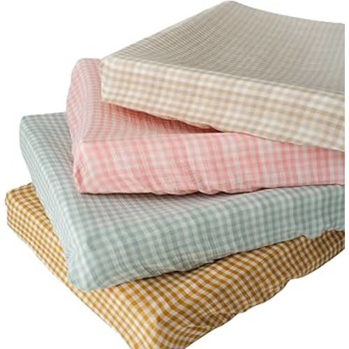 TISU Muslin Changing Pad Cover for Baby Girls Boys, Premium Soft Breathable Cotton in Gingham Pattern, Diaper Change Table Pad Cover (Beige Gingham)