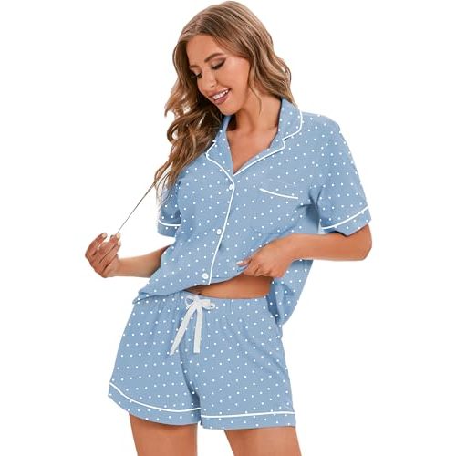 LUBOT 100% Cotton Pajamas for Women 2 Piece PJ Set Button-Down Soft Knit Short Sleeve Summer Sleepwear Loungewear XS-XXL