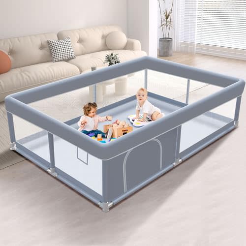 XVISHX 65 x 50 Inch Baby Playpen, Playpen for Babies and Toddlers, Baby Play Pen Playard for Indoor & Outdoor Active Center Game Fence, with Skin-Friendly Fabric and Soft Breathable Mesh, Grey