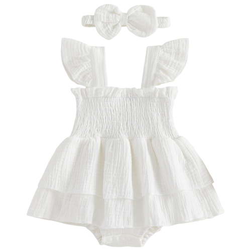 Zanarzt Baby Clothes Girl Baby Girl Summer Clothes Smocked Romper Short Sleeve Bodysuit Headband Outfit Cute Clothing White,Newborn