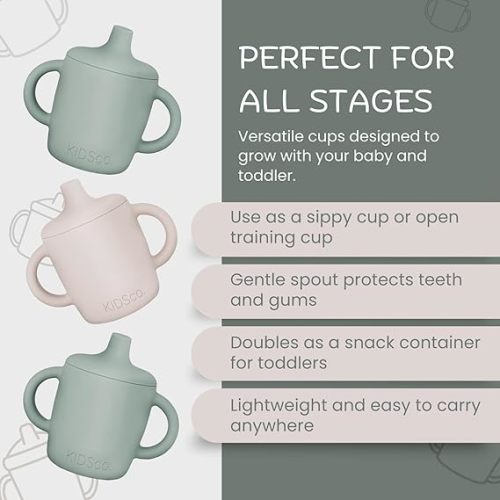 KIDSco. Silicone Sippy Cups (2 Pack) – Soft Spout & Easy Grip Handles for Babies 6+ months, Plastic Free, Toxic Free Silicone, Leak-Resistant, Dishwasher Safe (Green and Sandy Shore)