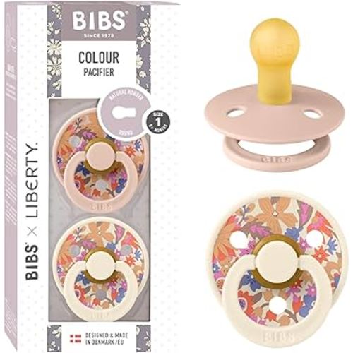 BiBS Liberty Pacifier 2-Pack, BPA Free Pacfiers with Natural Latex Round Nipple, Made in Scandinavia, Size 1 (0-6 Months), June Blossom Blush Mix