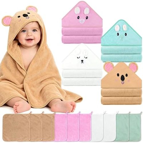 14PCS Baby Bath Towels Set for Newborn, 4PCS Animal Hooded Baby Towels(31.5''x31.5'') & 10PCS Washcloths for Toddler, Soft and Absorbent Coral Fleece, Essential Gifts for Boys & Girls