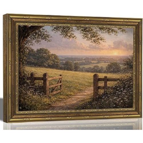 Vintage Gold Framed Wall Art, Sunset Meadow Gate Canvas Print, 11x9 In