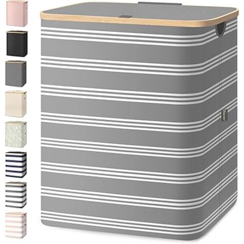 BALEINE Laundry Hamper with Lid, Tall Laundry Baskets with Bamboo Pull Handles, Large Laundry Bin with Internal Support (36 Gal/140L, Grey Pinstripe)