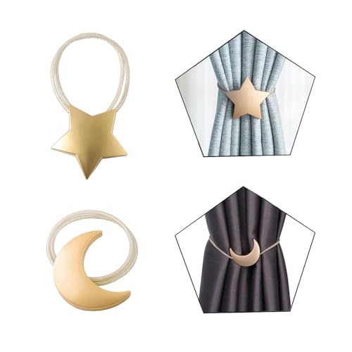 Curtain Tiebacks, 2 Pack Magnetic Curtain Tiebacks Moon and Star Curtain tie Back Curtain holdbacks Magnetic Clips Curtain tie Backs Curtain Holder for Window Draperies Hold Curtains Drape