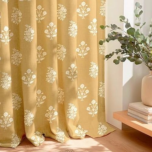 Linen Blackout Curtains with Floral Pattern, Autumn French Country Drapes Privacy Light Filtering for Living Room/Bedroom/Dining Room/Home Office, Mustard Yellow, 52Wx96L, 2 Panels