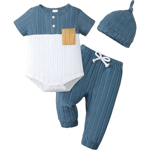Renotemy Preemie Newborn Boy Summer Clothes Gift Short Sleeve Button Romper Baby Boys Bodysuit Long Pants Outfit Set with Hat