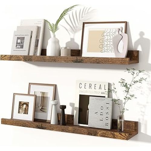 Fun Memories Picture Ledge Shelves Set of 2, 24 Inch Rustic Wall Mounted Floating Shelves with Lip for Home Storage and Décor in Bathroom, Kitchen, Nursery, Bedroom, Living Room, Brown