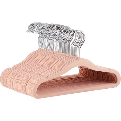 Amazon Basics Kids Space Saving Velvet Non-Slip Clothes Hangers with Shoulder Notches for Infant and Toddler, 11.6", Blush, 50-Pack