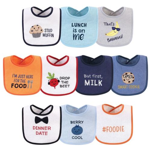 Hudson Baby Infant Boy Cotton Terry Drooler Bibs with Fiber Filling 10pk, Boy Muffin, One Size
