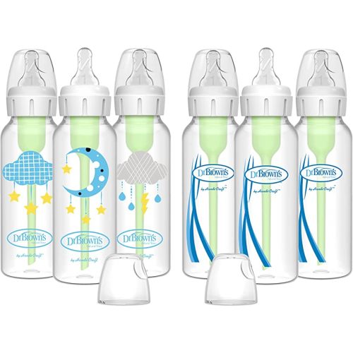 Dr. Brown’s Natural Flow® Anti-Colic Options+™ Narrow Baby Bottles 8 oz/250 mL, with Level 1 Slow Flow Nipple, 6 Pack, 0m+ Moon/Clouds Gift Set
