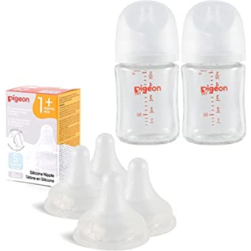 Pigeon Glass Baby Bottle(5.4 Oz, Pack of 2) with 4 Latch-On Line Silicone Nipples, Newborn Feeding Set(0~3M)