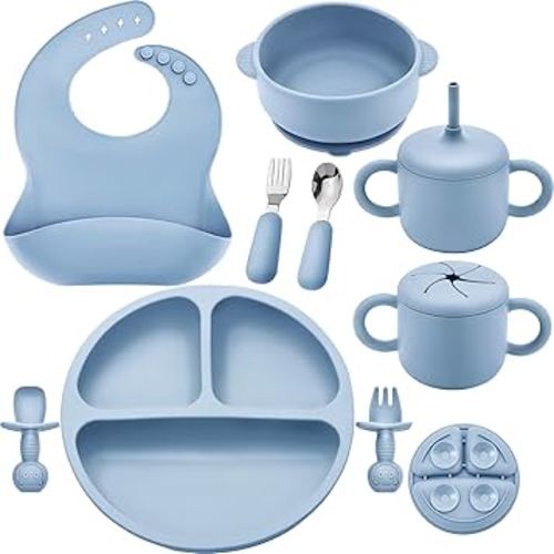 Silicone Baby Feeding Set, Baby Led Weaning Supplies, Eating Essentials Utensils with Suction Plate and Bowl, Pocket Bib, Sippy Cup with Lid, Forks Spoons Snack Container, for 6+ Months, Blue