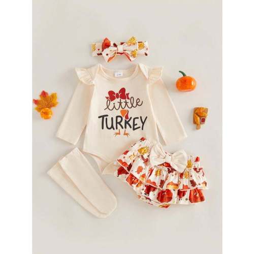 4Pcs Newborn Baby Girl Thanksgiving Clothes Long Sleeve Romper Tops + Skirt + Headband + Leg Warmers 3M 6M 9M 12M 18M Infant Casual Skirt Set | SHEIN USA