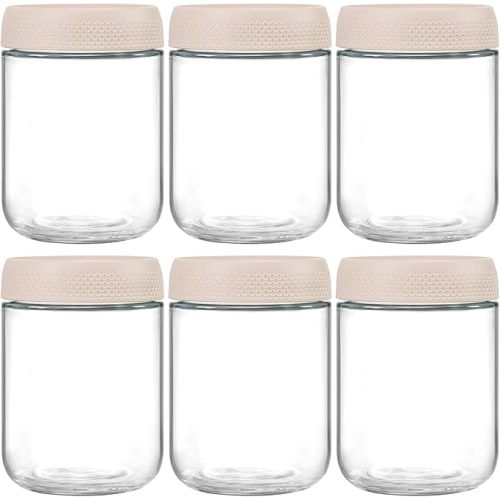 NETANY 6-pack 16oz Glass jars with Airtight Lids, Overnight Oats Containers with Lids, Wide mouth Mason Salad jars, Glass Food Storage Containers for Snacks Yogurt Spice Sugar-Beige