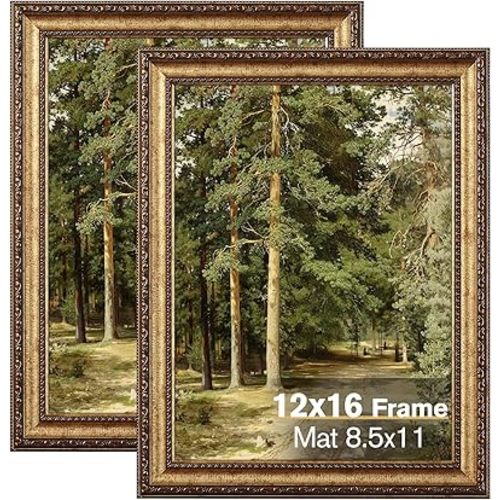 12x16 Gold Picture Frame, 2 Pack Ornate Vintage Picture Frames for Wall or Tabletop Display, 12x16 Photo Frame Gold with Real Glass, Display Poster 8.5x11 with Mat or 12x16 without Mat for Antique Déco