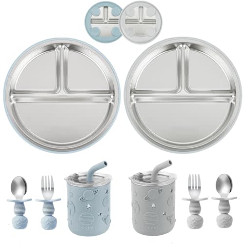 PandaEar Stainless Steel Baby Feeding Set | 2 Divided Suction Plates, 2 Spill-Proof Straw Cups with Silicone Sleeves, 2 Forks & 2 Spoons | Toddler Utensils for Baby Led Weaning, BPA-Free (Blue & Grey)