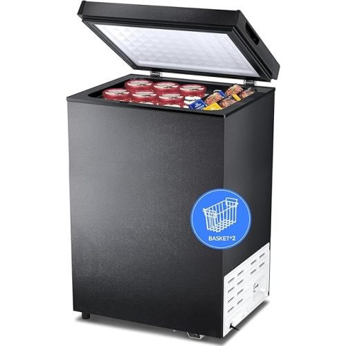 Kismile 3.2 Cubic Feet Chest Freezer with 2 Removable Basket Free Standing Top Open Door Compact Freezer with Adjustable Temperature for Home/Kitchen/Office/Bar