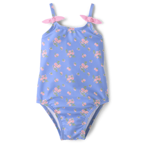 Baby And Toddler Girls Floral Tie Shoulder Swimsuit - Blue