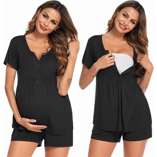 Ekouaer Women Maternity Nursing Pajama Sets Short Sleeve Postpartum Pajamas | Buttery Soft, Breastfeeding Pregnancy Clothes, Two Sides Pockets, Labor & Delivery Shorts & Pants, Mom Essentials Outfit