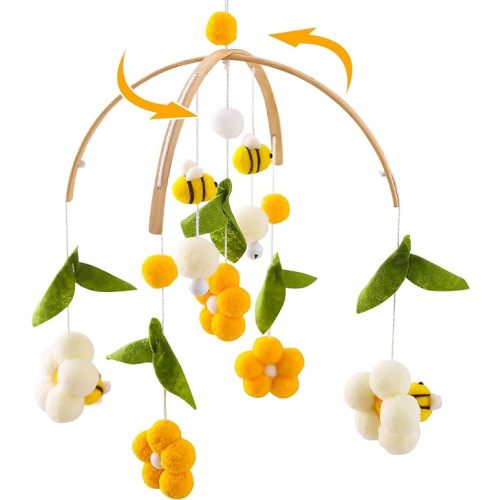 Youuys Mobile Baby Wooden with Felt Balls, Bees and Flowers, Baby Mobile Wind Chime, Bed Bell Pendant for Baby Bed, Nursery Decoration, Gift for Baby Girls or Boys