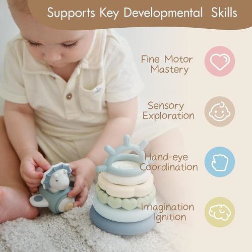 Amazon.com: Moonkie Dinosaur Silicone Stacking Rings, 7-Piece Baby Teething Toy, 6M+ | 7 Textured Rings, Cute Dinosaur Teether Topper, Early Learning, Dishwasher Safe, Beautiful Gift Box, Baby Gift : Toys & Games
