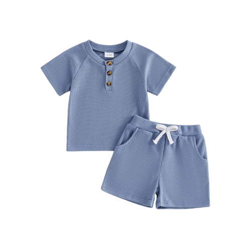 Loicainy Baby Toddler Boys Waffle Clothes Set 3 6 12 18 24 Months 2T 3T Short Sleeve Henley Neck T-shirt with Elastic Waist Shorts Summer Outfit