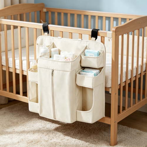 Lenkho Baby Crib Organizer Hanging Storage Caddy with Multiple Pockets, Diaper and Wipes Holder, Oxford Cloth Hanging Organizer for Newborn Essentials, Fits Most Cribs