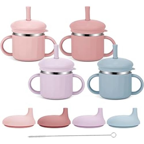 Upgrade Stainless Steel Baby Sippy Cups, 7.4 Oz Spill Proof Toddler Straw Cups, 3 Stages Training Cup for Toddlers 1-3 Year, Kid Cups with Silicone Sheel and Straws, 4 Colors (Coral+Blue+Pink+Purple)