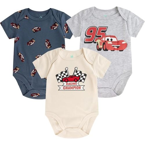 Disney Cars Lightning McQueen Baby Boys 3 Pack Bodysuit Creeper for Newborn and Infant