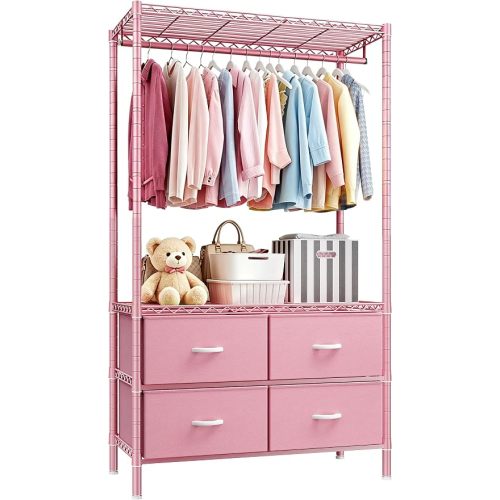 Raybee Clothing Rack with 4 Drawers and Shelves, Heavy Duty Clothes Rack for Hanging Clothes,Portable Closet,Metal, Sturdy,Pink