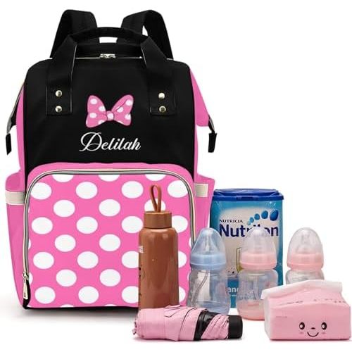 Custom Diaper Bag with Name Personalized Multifunctional Mommy Backpack for Daughter Granddaughter, Pink Daypack Bag for Travel