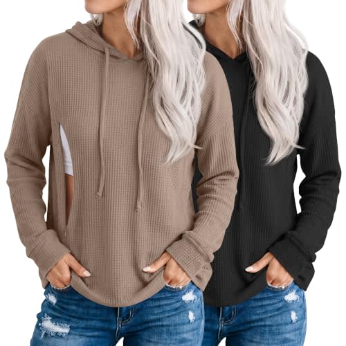 Ficerd 2 Pack Womens Waffle Nursing Hoodies | Maternity Long Sleeve Sweatshirts, Breastfeeding Pullover Top Hidden Zippers, Casual Comfortable Clothes, Soft Pregnancy Wear