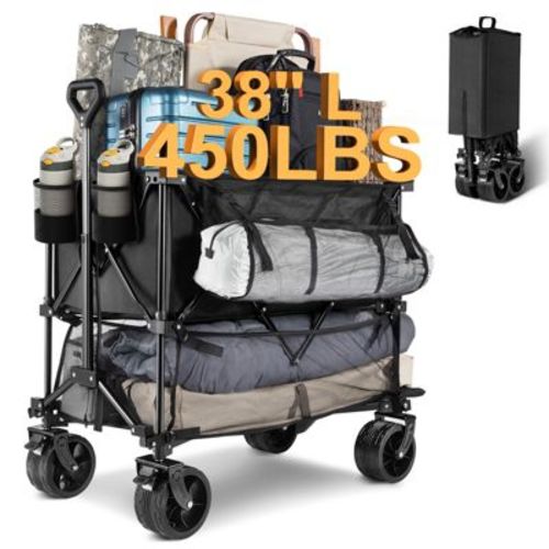 SUGIFT Double Decker Wagon 450lb Capacity Collapsible Sports Wagon with Big Wheels Extended Utility Folding Cart for Camping & Outdoor Use
