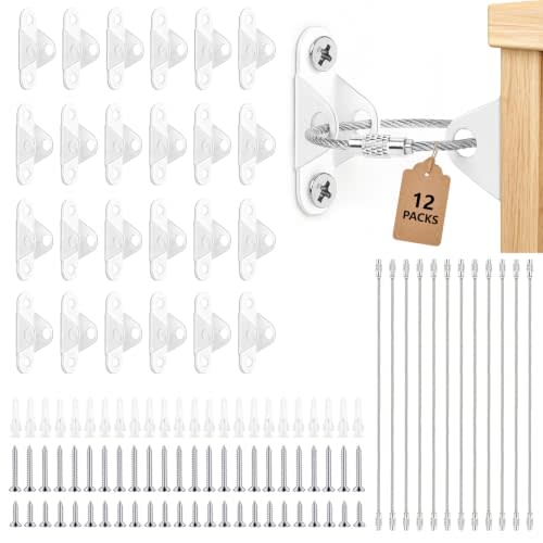 12 Pack Furniture Anchors for Baby Proofing, Anti Tip Furniture Straps for Wall, Metal Safety Anchors, Earthquake Straps for Dresser, Cabinet, Bookshelf, Child Safety (White)