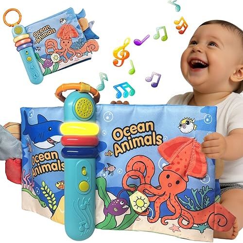 Cloth Books for Babies 0-6-12 Months, Interactive Soft Sensory Toy with Lights, Sounds & Music, Bite-Proof Educational for Newborns, Infants & Toddlers 0-3 Years (Ocean Animals)