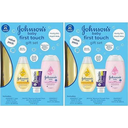Johnson's First Touch Baby Essentials Gift Set with Body Wash & Shampoo, Body Lotion, & Zinc Oxide Diaper Rash Cream for Baby's Delicate Skin, Hypoallergenic, No Parabens or Dyes, 3 Items (Pack of 2)